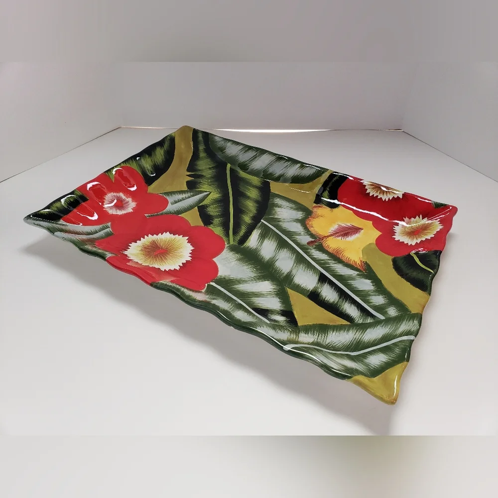 NWOT Ceramic Platter Plate Tray by Jay Import Painted Flower Large 18.5” X 13”